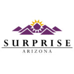 Logo of Surprise, Arizona, featuring mountains and sun, representing cities served by Ironclad Roofing, emphasizing quality roofing solutions in the region.