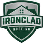 Ironclad Roofing logo featuring a house silhouette and shield design, representing durable roofing solutions and services in Arizona.