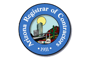 Arizona Registrar of Contractors logo, featuring a sun, city skyline, and cacti, representing licensed roofing services in Arizona.