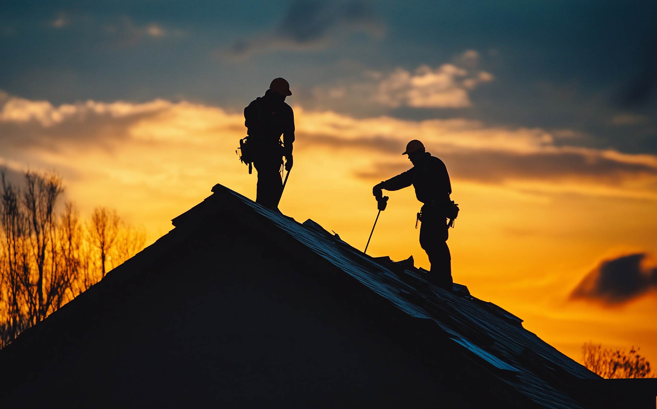 Roofing professionals working on a residential roof silhouette against a sunset sky, emphasizing expertise in roof replacement and solar coordination.