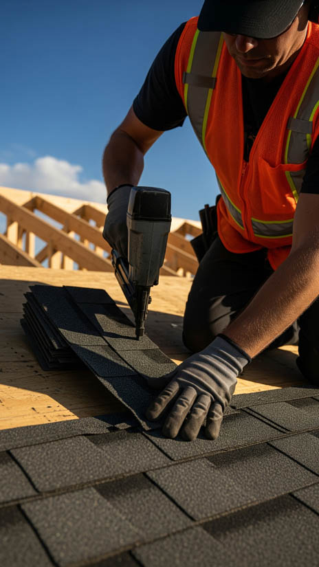 Roofing contractor installing asphalt shingles on a residential roof, showcasing durable materials and precision in alignment, with focus on quality installation for Arizona's climate.