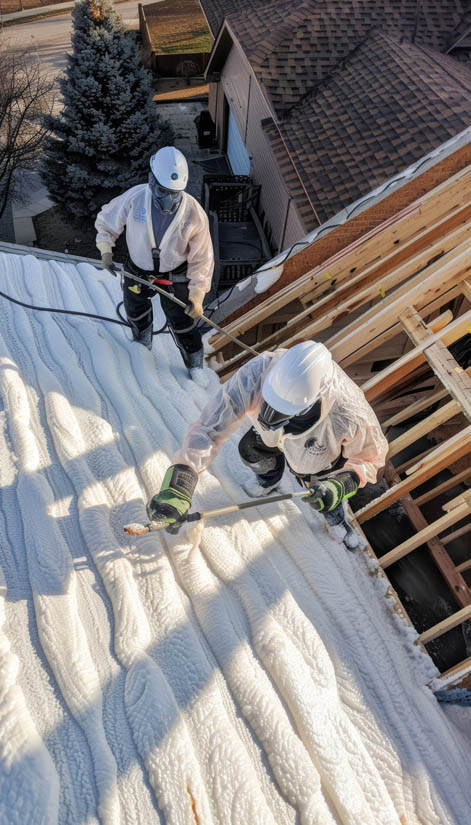 Workers applying high-density spray foam roofing on a flat roof, demonstrating expertise in foam roofing installation for durability and energy efficiency.