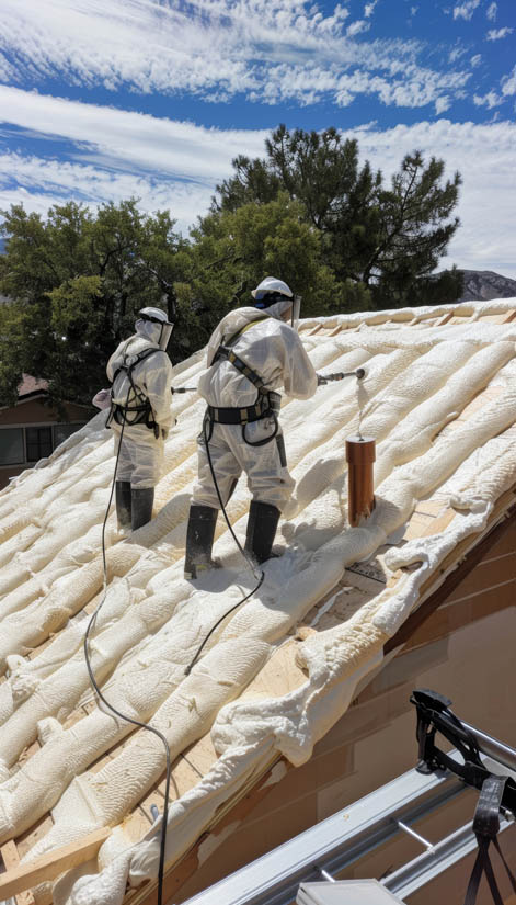 Workers applying high-density spray foam roofing on a residential roof in Arizona, showcasing seamless coverage and climate-specific insulation techniques.