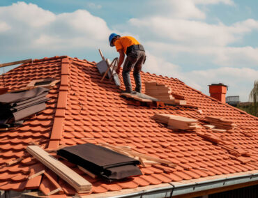 Roofing contractor installing clay tiles on a residential roof, showcasing quality craftsmanship and roofing expertise relevant to Peoria homeowners.
