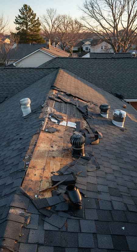 Roof under renovation showing missing shingles, exposed plywood, and ventilation pipes, illustrating the roof replacement process by Ironclad Roofing.