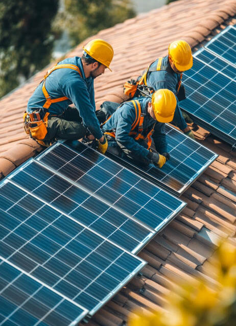 Three technicians in yellow hard hats and safety harnesses working on solar panels on a tiled roof, demonstrating expertise in solar panel installation and roofing services.